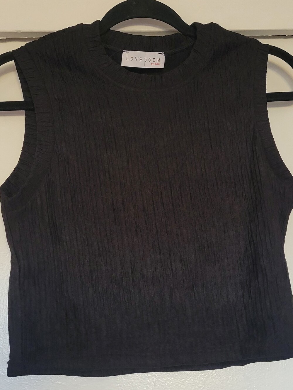 LovePoem Black Textured Sleeveless Top Size L Mock Neck Stretch Minimalist